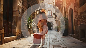 Solo Traveler Exploring Old European City Streets with Luggage. Carefree Woman on Vacation Walking in Sunlit Alley