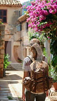 Solo traveler exploring old town streets in spain young backpacker tourist on a holiday adventure