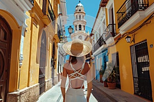 Solo traveler exploring old town streets of spain young backpacker tourist on vacation adventure