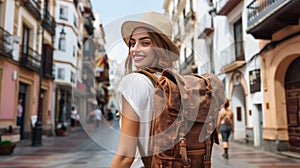 Solo traveler exploring old town streets of spain young backpacker tourist on vacation adventure