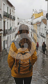 Solo traveler exploring old town streets in spain young backpacker tourist on vacation adventure