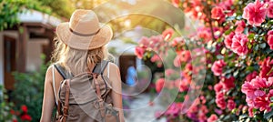 Solo traveler girl exploring charming streets of historic spanish town on vacation