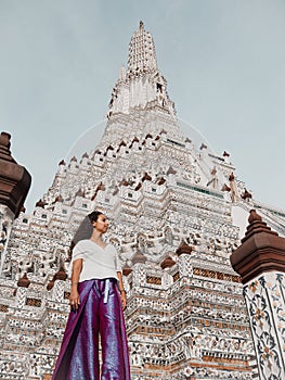 Solo Traveler at Main Pagoda at Wat Arun, Bangkok, Thailand
