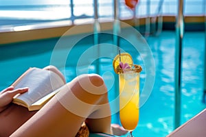 solo traveler reading book by cruise ship pool, cocktail beside