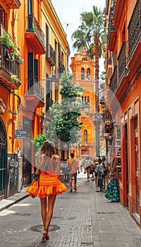 Solo traveler in spain s old town backpacker exploring charming streets on vacation photo