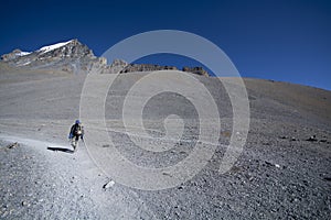 Solo trekker on mountain, enjoying in nature, landscape photography