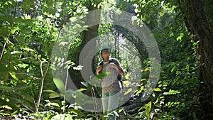 Solo woman tourist with backpack looking for the direction while hiking in dense rainforest under morning sunlight.