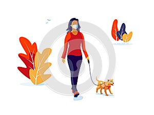 Solo Woman Wearing Face Mask with Dog Walking Isolated on White Background