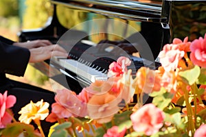 soloist on piano with a foreground of colorful begonias