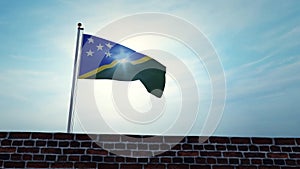 Solomon Islands flag waving on flagpole above wall - 3d video animation