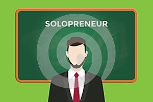 Solopreneur illustration with a man wearing a black suit in front of green chalk board and white text