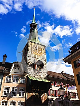 Solothurn clock tower - with storied clock and the oldest construction in the whole town, Solothurn, Switzerland, Europe.