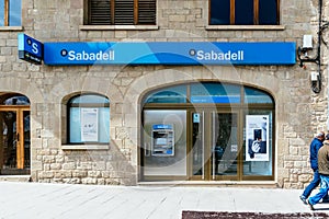 Solson, Lleida, Spain, April 4, 2021. Logo and facade of Banco Sabadell, a Spanish bank with headquarters in Alicante