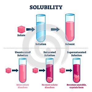 Solubility vector illustration. Labeled solute, solvent and solution scheme photo