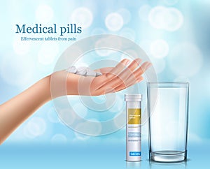 Soluble round tablets lying in the human hand photo