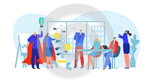 Solution in cartoon office, people work at success technology vector illustration. Flat business team with man woman