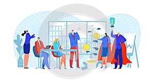 Solution in cartoon office, people work at success technology vector illustration. Flat business team with man woman