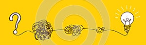 Solution concept of chaos in thoughts with hanging light bulbs with one glowing. Complex problem solving process in hand
