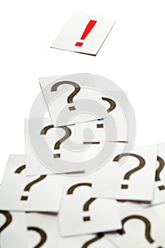 Solution concept - exclamation mark on top of question marks photo
