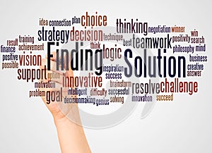 Solution Finding word cloud and hand with marker concept