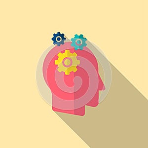 Solution head and gear vector icon, flat design, long shadow