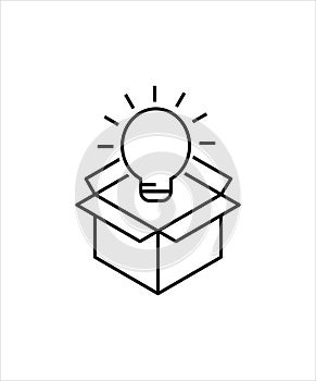 Solution icon,box with bulb line icon.
