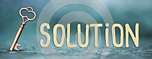 Solution key web banner on blue background
