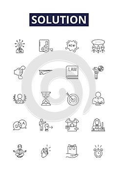 Solution line vector icons and signs. Answer, Resolve, Solve, Remedy, Cure, Strategy, Method, Approach outline vector