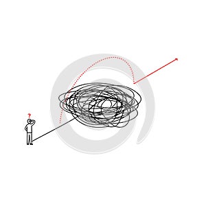 Solution looking for complicated problem illustration. businessman looking for ways to success symbol. tangled scribble line