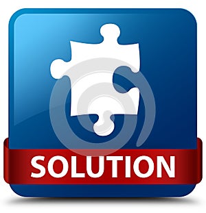 Solution (puzzle icon) blue square button red ribbon in middle