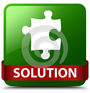 Solution (puzzle icon) green square button red ribbon in middle