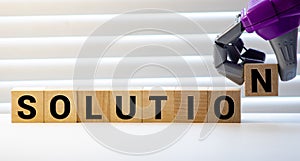 Solution word written on wood block