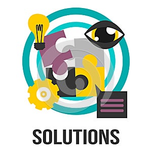 Solutions Business Concept Sign With Puzzle Pieces, Bulb, Gear And Eye