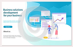 Solutions development for your business concept. Women present data research, analysing statistics