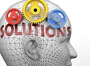 Solutions and human mind - pictured as word Solutions inside a head to symbolize relation between Solutions and the human psyche,