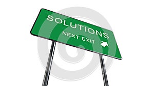 Solutions Next Exit Green Road Sign With Direction Arrow Isolated On White Background. Business Concept 3D Render