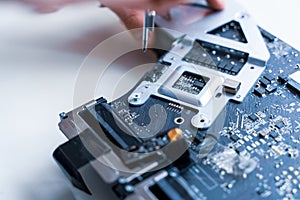 Solutions services electronic hardware. Engineer technician man upgrade and maintenance digital pc. Technology chip