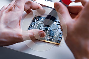 Solutions services electronic hardware. Engineer technician man upgrade and maintenance digital pc. Technology chip