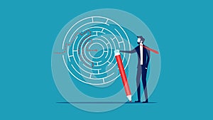 Solve business problems by crossing over problems. Avoidance of the route. Businesswoman drawing a line to solve a maze problem