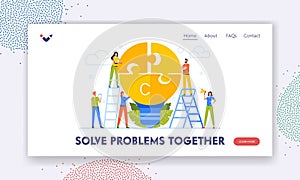 Solve Problems Together Landing Page Template. Businesspeople Teamwork, Office Employees Collect Idea as Huge Light Bulb