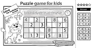Solve the sudoku puzzle together with the fun cat. Logic puzzle for kids. Education game for children. Coloring Page. Worksheet