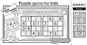 Solve the sudoku puzzle together with the fun tiger cub. Logic puzzle for kids. Education game for children. Coloring Page.