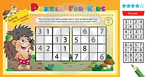 Solve the sudoku puzzle together with the little hedgehog. Logic puzzle for kids. Education game for children. Worksheet vector