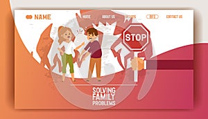Solving family vector landing page people man woman in family conflict boy girl. Relationship problem with unhappy
