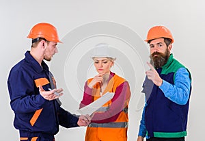 Solving problems concept. Builder and engineer found out