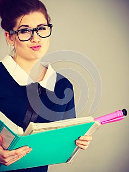 Confused business woman thinking about problem solution