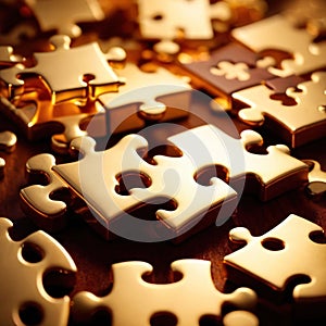 Solving the puzzle pieces for wealth and riches, with golden jigsaw