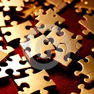 Solving the puzzle pieces for wealth and riches, with golden jigsaw