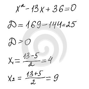 Solving a quadratic equation by task scheme.Finding roots.Algebra background. Education,getting classes,school program. Higher