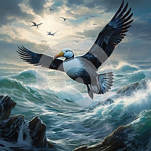 Somateria flock of beautiful sea birds flying above the dark blue sea Helgoland